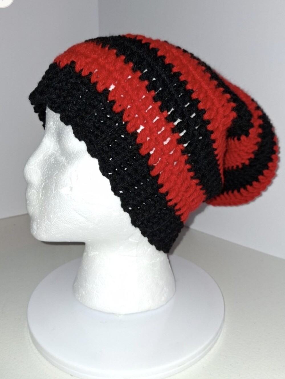 Beanie Slouchy Cap XL Black And Red Striped Crocheted Handmade